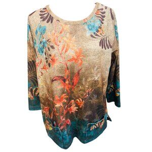 Ali Miles MUTED FLORAL OMBRE Brushed Knit Tunic Top S Taupe/Teal/Spice SOFT